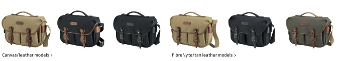 Hadley colours. This is the Hadley Pro range but the same designs are available for the Hadley Small. i chose boring old black but I like all the different designs, especially those with contrasting leather trim. The three bags on the left are in canvas, those on the right in Fibreyte